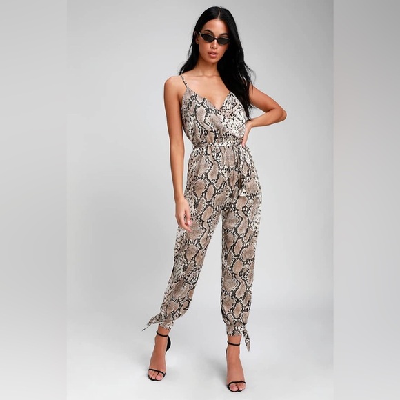 Lulus Jasper Beige Snake Print Surplice Jumpsuit Size M - Picture 1 of 16